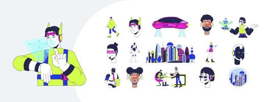 Futurism and sci-fi technology cartoon flat illustrations mega bundle. Scifi wearable, hologram, flying car, cybernetics, robots 2D images isolated on white. Collection drawings colorful vector