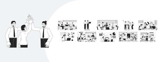 Business teamwork and meetings outline illustrations mega bundle. Project planning, brainstorming. Diverse team office workers 2D linear images isolated. Collection black and white drawings vector