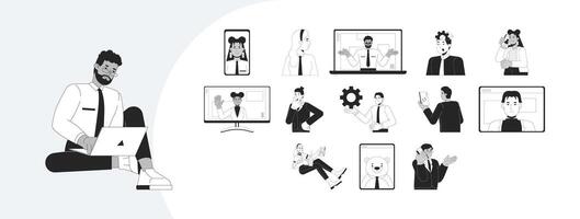 Digital business communication and remote work outline illustrations mega bundle. Virtual meetings, call. Diverse employees 2D linear images isolated. Collection black and white drawings vector