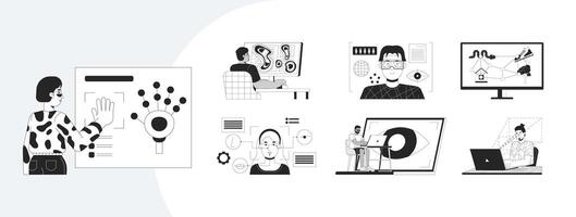 Eye tracking and UX testing technology outline illustrations mega bundle. Heatmaps, gaze mapping, user experience analysis 2D linear images isolated. Collection black and white drawings vector