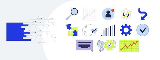 Digital business tools and process optimization cartoon flat illustrations mega bundle. Workflow, analytics, data automation 2D images isolated on white. Collection drawings colorful vector
