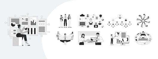 Product management workflow outline illustrations mega bundle. Data visualization. Diverse team collaboration. Performance metrics 2D linear images isolated. Collection black and white drawings vector