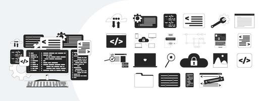 Software development and programming outline illustrations mega bundle. Coding, cloud security, source code, debugging backend 2D linear images isolated. Collection black and white drawings vector