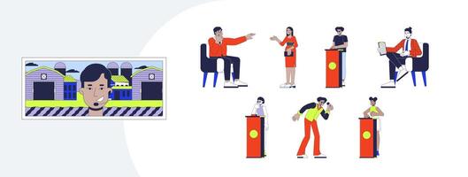 TV entertainment characters cartoon flat illustrations mega bundle. Television game show participants pressing buzzers, interviewer 2D images isolated on white. Collection drawings colorful vector