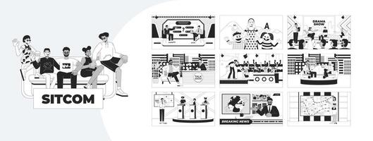 TV shows broadcast entertainment outline illustrations mega bundle. Sitcom, weather report, anchor news, quiz competition 2D linear images isolated. Collection black and white drawings vector