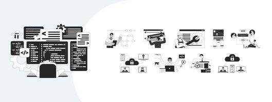 Software development process outline illustrations mega bundle. SaaS collaboration, debugging. Diverse developers writing code 2D linear images isolated. Collection black and white drawings vector