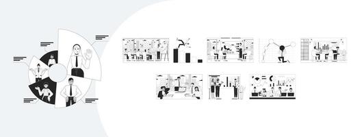 Corporate studying infographics outline illustrations mega bundle. Data visualization. Diverse office workers on business meetings 2D linear images isolated. Collection black and white drawings vector