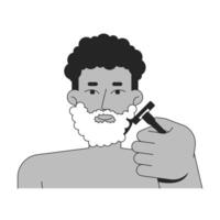 Black man using shaving cream and razor to groom beard outline illustration. Skin routine. African american male hygiene 2D line character isolated on white. Monochrome ink linear image vector