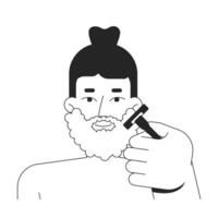 Caucasian white man applying shaving foam and using razor outline illustration. Barbershop, facial hair. Male beard shaving 2D line character isolated on white. Monochrome ink linear image vector