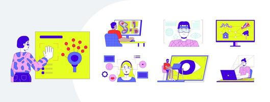 Eye tracking and UX testing technology cartoon flat illustrations mega bundle. Heatmaps, gaze mapping, user experience analysis 2D images isolated on white. Collection drawings colorful vector