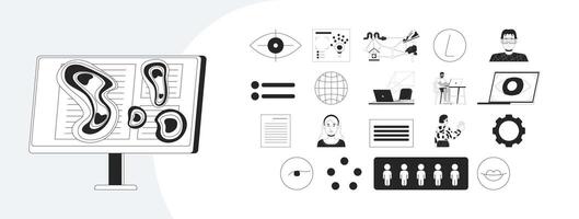 Eye tracking and user behavior analysis outline illustrations mega bundle. Heatmaps, facial recognition, UI testing, computer 2D linear images isolated. Collection black and white drawings vector