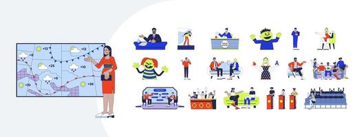 TV shows cartoon flat illustrations mega bundle. Broadcast and television entertainment. Weather forecast, talent contest, sitcom 2D images isolated on white. Collection drawings colorful vector