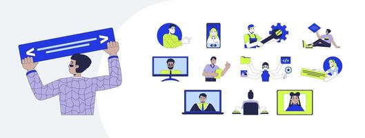 Software development characters cartoon flat illustrations mega bundle. Diverse developers technology. Programmers, app builder 2D images isolated on white. Collection drawings colorful vector