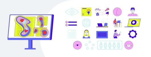 Eye tracking and user behavior analysis cartoon flat illustrations mega bundle. Heatmaps, facial recognition, UI testing, computer 2D images isolated on white. Collection drawings colorful vector