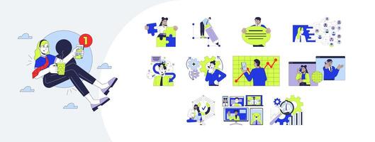 Digital business cartoon flat illustrations mega bundle. Mobile notification, virtual teamwork, corporate productivity analysis 2D images isolated on white. Collection drawings colorful vector