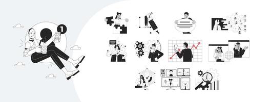 Digital business outline illustrations mega bundle. Mobile notification, virtual teamwork, corporate productivity analysis 2D linear images isolated. Collection black and white drawings vector