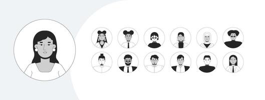 Diverse professionals avatars outline illustrations mega bundle. Office workers. Multicultural employees characters profile circle 2D linear images isolated. Collection black and white drawings vector