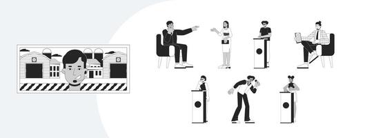 TV entertainment characters outline illustrations mega bundle. Television game show participants pressing buzzers, interviewer 2D linear images isolated. Collection black and white drawings vector