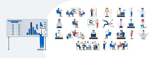 Office workers studying and corporate training cartoon flat illustrations mega bundle. Analysis, presenting. Multicultural employees 2D images isolated on white. Collection drawings colorful vector