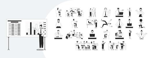 Office workers studying and corporate training outline illustrations mega bundle. Analysis, presenting. Multicultural employees 2D linear images isolated. Collection black and white drawings vector