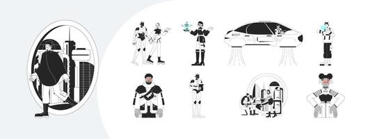 Futuristic lifestyle and technology outline illustrations mega bundle. Flying car, robot, smart wearables, holograms, scifi city 2D linear images isolated. Collection black and white drawings vector