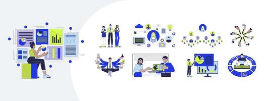 Product management workflow cartoon flat illustrations mega bundle. Data visualization. Diverse team collaboration. Performance metrics 2D images isolated on white. Collection drawings colorful vector