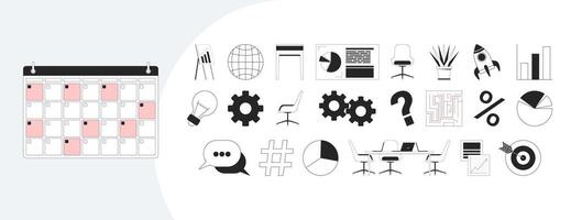 Business management essentials outline illustrations mega bundle. Calendar, charts, gears, office desk, piechart, target, rocket 2D linear images isolated. Collection black and white drawings vector