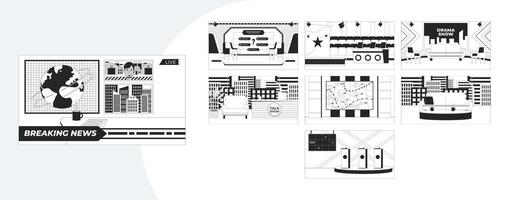 TV shows studio set outline illustrations mega bundle. Quiz competition, breaking news desk, weather broadcast furniture 2D linear images isolated. Collection black and white drawings vector