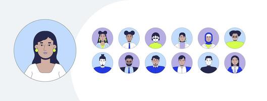Diverse professionals avatars cartoon flat illustrations mega bundle. Office workers. Multicultural employees characters profile circle 2D images isolated on white. Collection drawings colorful vector