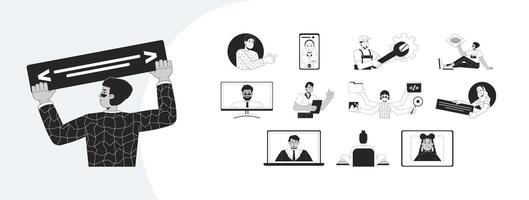Software development characters outline illustrations mega bundle. Diverse developers technology. Programmers, app builder 2D linear images isolated. Collection black and white drawings vector