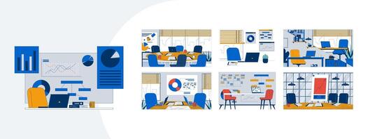 Team meeting rooms and office setup cartoon flat illustrations mega bundle. Workspaces charts for collaboration, strategy planning 2D images isolated on white. Collection drawings colorful vector