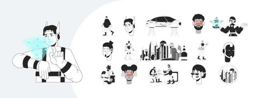 Futurism and sci-fi technology outline illustrations mega bundle. Scifi wearable, hologram, flying car, cybernetics, robots 2D linear images isolated. Collection black and white drawings vector