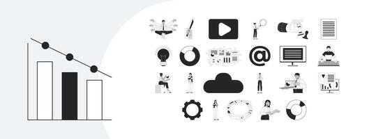 Product management tools and strategy outline illustrations mega bundle. Business charts, diagrams, analytics, cloud technology 2D linear images isolated. Collection black and white drawings vector