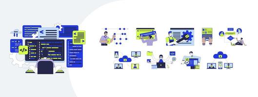 Software development process cartoon flat illustrations mega bundle. SaaS collaboration, debugging. Diverse developers writing code 2D images isolated on white. Collection drawings colorful vector