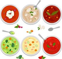 Bowls of different types of soup. Soup with vegetables, mushrooms, chicken and lentil soup. vector