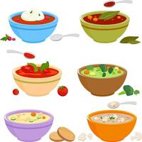 Bowls of soup with vegetables, mushrooms, chicken, Russian borscht soup, tomato and lentil soup. Collection of different types of soup. vector