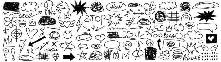 Collection of hand drawn doodles and squiggles for text highlighting sign. Set of design elements with texture of scribbles. Black line brush stroke. Simple cute swashes, strokes, note, vector