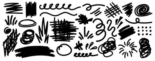 Collection of hand drawn doodles and squiggles for text highlighting sign. Set of design elements with texture of scribbles. Black line brush stroke. Simple cute swashes vector