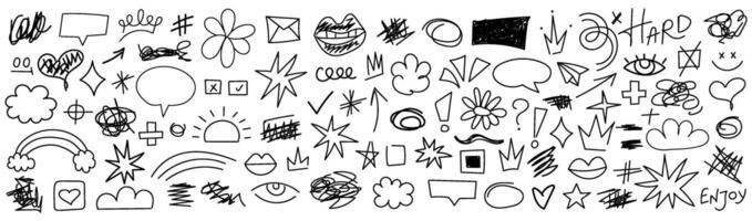 Collection of hand drawn doodles and squiggles for text highlighting sign. Set of design elements with texture of scribbles. Black line brush stroke. Simple cute swashes, strokes, vector