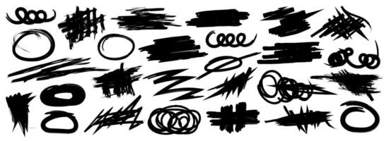 Collection of hand drawn doodles and squiggles for text highlighting sign. Set of design elements with texture of scribbles. Black line brush stroke. Simple cute swashes, strokes, note vector