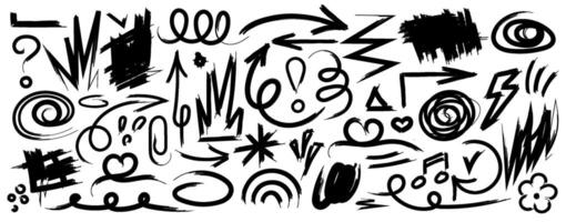 Collection of hand drawn doodles and squiggles for text highlighting sign. Set of design elements with texture of scribbles. Black line brush stroke. Simple cute swashes, vector