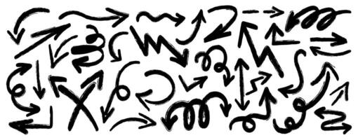 Collection of hand drawn arrow signs in different directions with a line. Set of different design elements with scribble texture. Black arrows showing directions. illustration vector