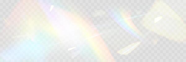 Rainbow blurred refraction overlay effect. Colorful light lens prism on dark background. Holographic reflection, iridescent crystal vector