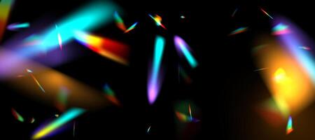 Rainbow blurred refraction overlay effect. Colorful light lens prism on dark background. Holographic reflection, iridescent crystal flare leak vector