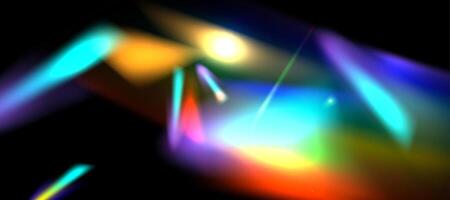 Rainbow blurred refraction effect. Colorful light lens prism on dark background. Holographic reflection, iridescent crystal vector