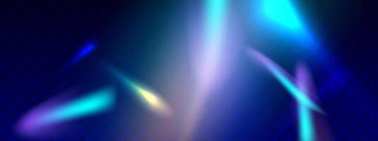 Blurred rainbow refraction overlay effect. Light lens prism effect on dark background. Holographic reflection, crystal flare vector
