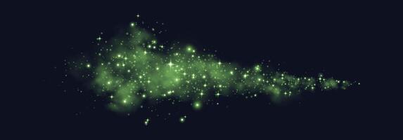 Green glittering dots, particles, stars magic sparks. Glow flare light effect. Green luminous points, particles on black background. vector