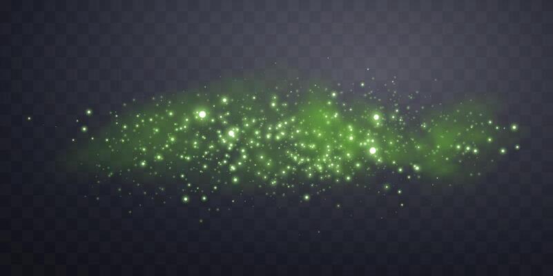 Green glittering dots, particles, stars magic sparks. Glow flare light effect. Green luminous points. particles on dark background.
