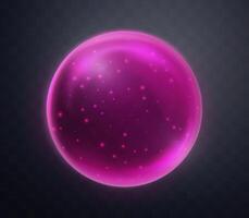 Pink magic fantasy sphere. Crystal ball with glowing sparkles and particles. Energy orb with glow flare light effect. Isolated on dark background. illustration. vector