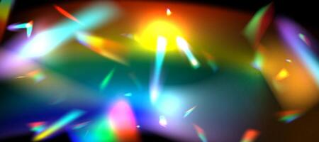 Rainbow refraction overlay effect. Colorful light lens prism on dark background. Holographic reflection, iridescent crystal flare vector
